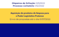 Dispensa de licitação 025/2022 - aquisição de produtos de limpeza