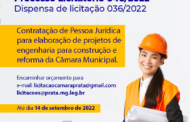 Processo licitatório 046/2022 - dispensa de licitação 038/2022 - Contratação de pessoa jurídica para elaboração de projetos de engenharia para construção e reforma da Câmara